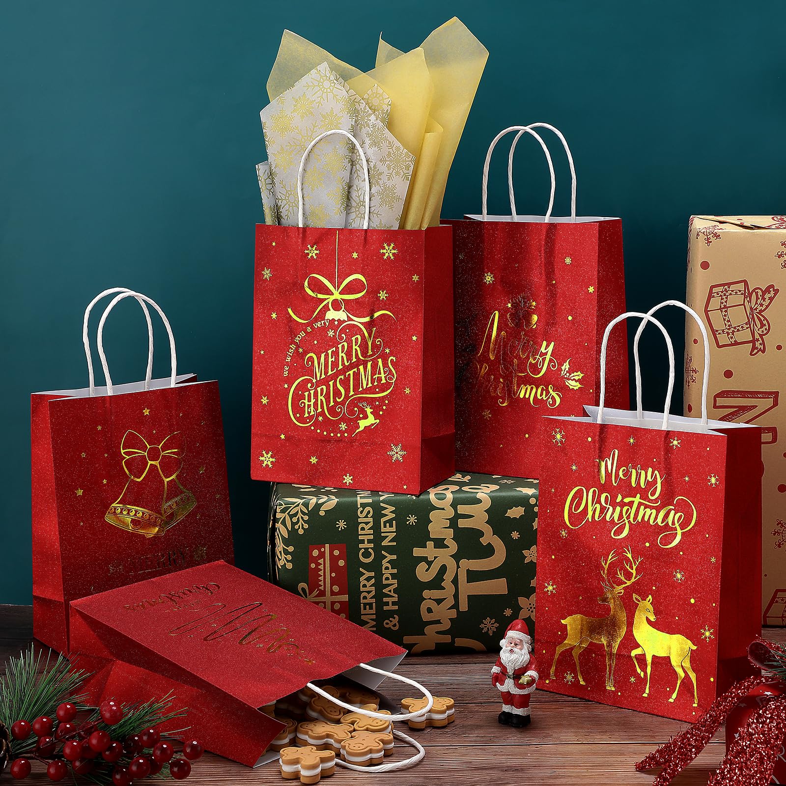 Christmas Gift Bags 24 Pcs, Red Glitter Christmas Bags for Gifts with Tissue Paper, 6 Styles Red and Gold Foil Paper Goodie Bags with Handles, Bulk Xmas Holiday Reusable Party Favor Treat Gift Bags