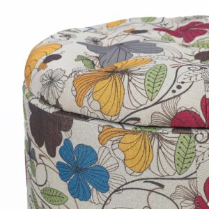 Adeco 17" Height Round Storage Ottoman, Modern Linen Fabric Cushion Footstool with Removable Lid and Wooden Legs for Bedroom Living Room, Floral Printed