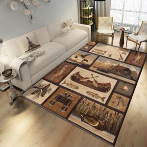 country style rug, 5x8ft, rustic cabin wildlife washable area rugs, lodge boat fishing telescope duck geometric design soft floor rug non-skid carpets for kids room living room bedroom decor