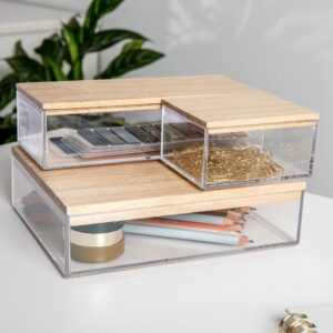 martha stewart brody plastic storage organizer bins with paulownia wood lids for home office,-kitchen, or-bathroom, 3 pack 1-small/1-medium/1-large, clear/lt natural