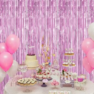 MEEZY 3Pack 3.2ft x 8.2ft Pink Foil Fringe Curtains Backdrop Metallic Foil Tinsel Streamers with Pink Balloons for Bachelorette Baby Shower Wedding Birthday Bridal Shower Party Decorations