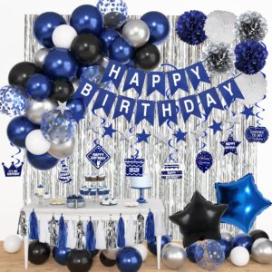 blue birthday decorations for men boys, blue silver party decorations fringe curtains happy birthday banner hanging cutouts tassels graduation party decors 13th 16th 18th 21st 30th 40th 50th 60th him