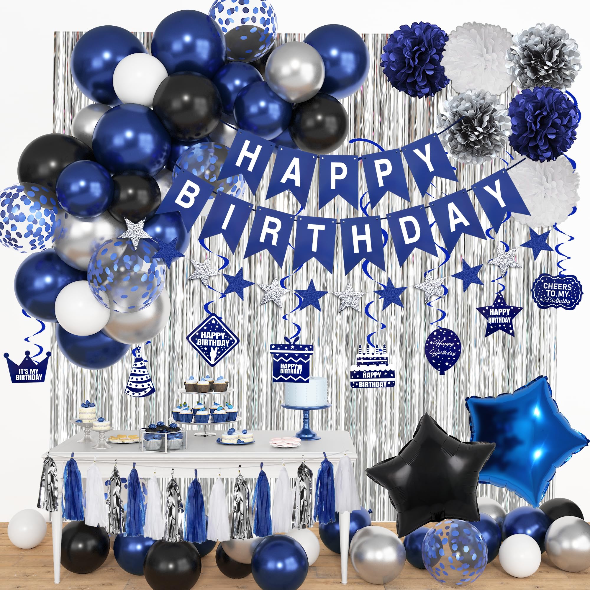 Blue Birthday Decorations for Men Boys, Blue Silver Party Decorations Fringe Curtains Happy Birthday Banner Hanging Cutouts Tassels Graduation Party Decors 13th 16th 18th 21st 30th 40th 50th 60th Him