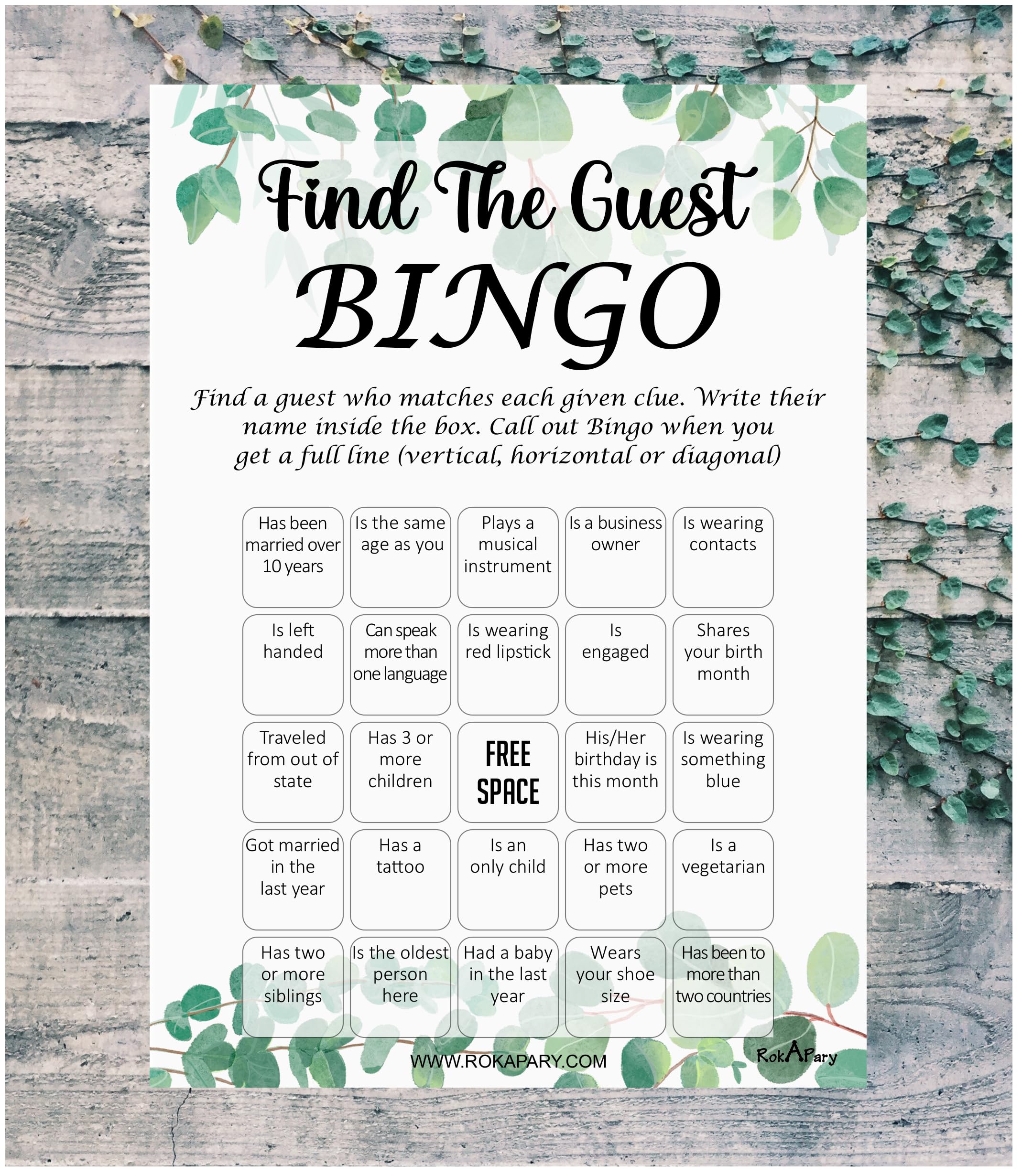 RokAPary Eucalyptus Theme Find The Guest Bingo Game, Wedding, Bridal Shower, Bachelorette or Engagement Party Game, Event Activities Play Pack of 50 Cards 5”x7” Made in USA