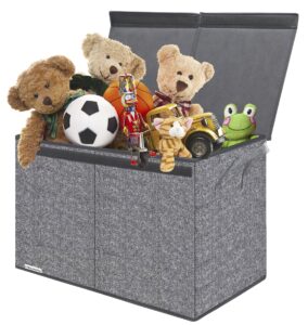 friday monkey sturdy large toy box chest with lids & handles, foldable toys storage organizer bin basket for boys, girls, kids, playroom, nursery, utility room, 25x13x16 inch, light grey, zmgcwjx