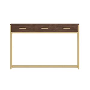 Martha Stewart Ollie Home Office Desk with 3 Drawers in Walnut Wood Grain with Polished Brass Hardware