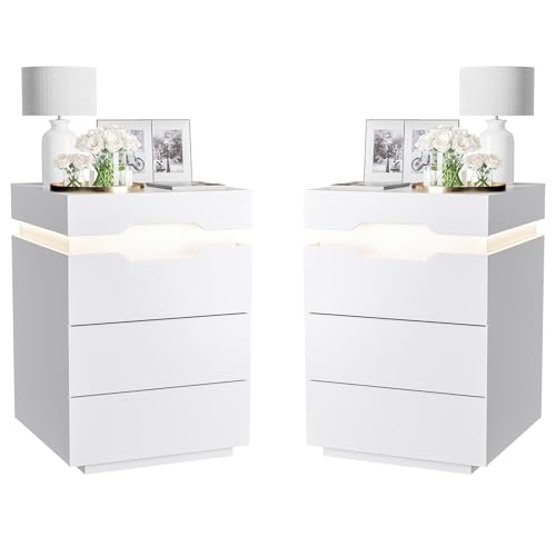 YESHOMY Nightstand with LED Light and Charging Station, Endtable with 3 Drawers, Bedside Table with Large Capacity, for Bedroom, Set of 2, 27.5" Height, White