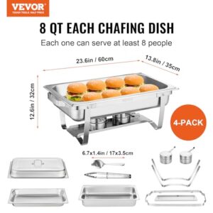 VEVOR Chafing Dish Buffet Set, 8 Qt 4 Pack, Stainless Chafer w/ 4 Full Size Pans, Rectangle Catering Warmer Server w/Lid Water Pan Folding Stand Fuel Tray Holder Spoon Clip, at Least 8 People Each