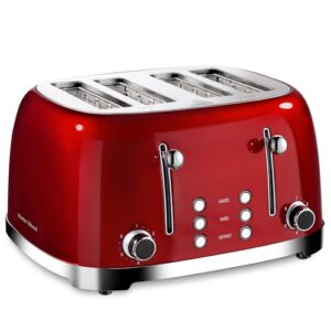 4 slice toaster roter mond retro stainless steel toasters with bagel defrost cancel function, 6 browning settings, extre wide slot, red