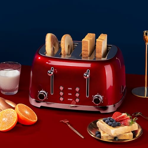 4 Slice Toaster Roter Mond Retro Stainless Steel Toasters with Bagel Defrost Cancel Function, 6 Browning Settings, Extre Wide Slot, Red