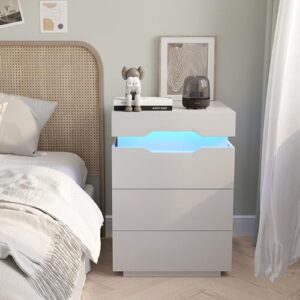 YESHOMY Nightstand with LED Light and Charging Station, Endtable with 3 Drawers, Bedside Table with Large Capacity, for Bedroom, Set of 2, 27.5" Height, White