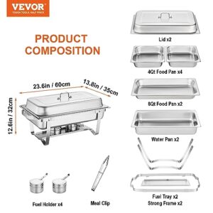 VEVOR Chafing Dish Buffet Set, 8 Qt 4 Pack, Stainless Chafer w/ 4 Full Size Pans, Rectangle Catering Warmer Server w/Lid Water Pan Folding Stand Fuel Tray Holder Spoon Clip, at Least 8 People Each