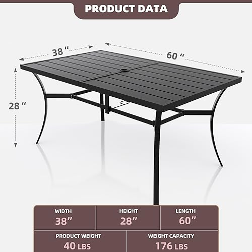 SAILARY Dining Umbrella Hole Outdoor Furniture Modern Design Rectangle Patio Metal Table 60" X 38", Dark Black