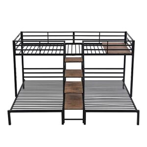 BOVZA Twin Size L-Shaped Metal Triple Bunk Bed with Storage Stairs, Twin Over Twin & Twin Triple Bunk Beds for 3 Kids Teens Girls Boys, Black