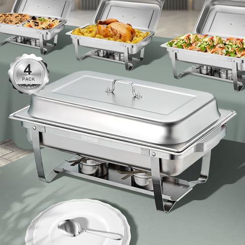 VEVOR Chafing Dish Buffet Set, 8 Qt 4 Pack, Stainless Chafer w/ 4 Full Size Pans, Rectangle Catering Warmer Server w/Lid Water Pan Folding Stand Fuel Tray Holder Spoon Clip, at Least 8 People Each