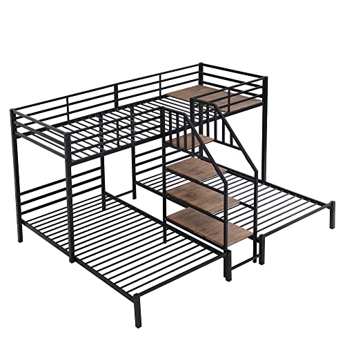 BOVZA Twin Size L-Shaped Metal Triple Bunk Bed with Storage Stairs, Twin Over Twin & Twin Triple Bunk Beds for 3 Kids Teens Girls Boys, Black