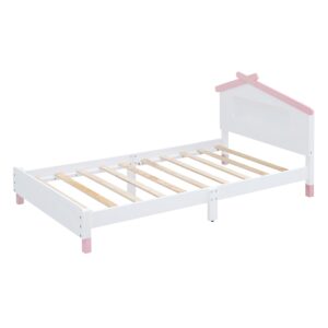 Twin Platform Bed with LED Lights, Wooden Twin Kids Bed with House-Shaped Headboard, Twin Size House Bed Frame for Kids Teens Girls Boys,No Box Spring Needed (White+Pink)