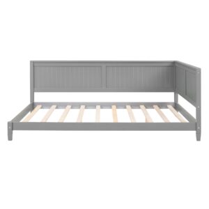 Full Size Daybed, Wood Full Low Bed Frame with Headboard and Sideboard, Wooden Floor Sofa Bed with Slats Support for Kids Room, Bedroom, Living Room, Gray