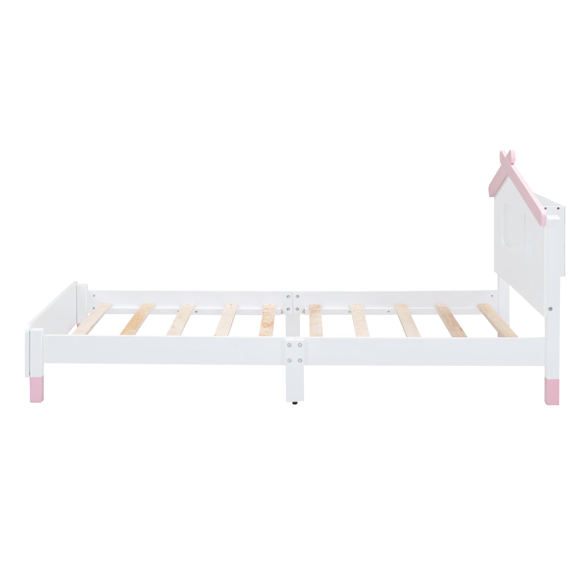 Twin Platform Bed with LED Lights, Wooden Twin Kids Bed with House-Shaped Headboard, Twin Size House Bed Frame for Kids Teens Girls Boys,No Box Spring Needed (White+Pink)