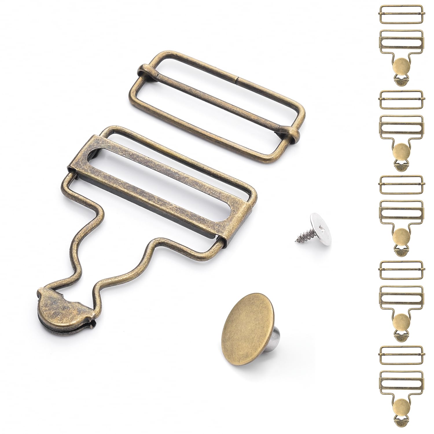 6 Sets Metal Overalls Buckles, 1-1/2" Overall Replacement Clasp Clips with Adjustable Tri Glide Slide Buckle and Buttons for Jeans Suspender, Bib Pants DIY Sewing Accessories (Bronze)