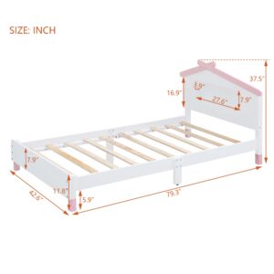 Twin Platform Bed with LED Lights, Wooden Twin Kids Bed with House-Shaped Headboard, Twin Size House Bed Frame for Kids Teens Girls Boys,No Box Spring Needed (White+Pink)