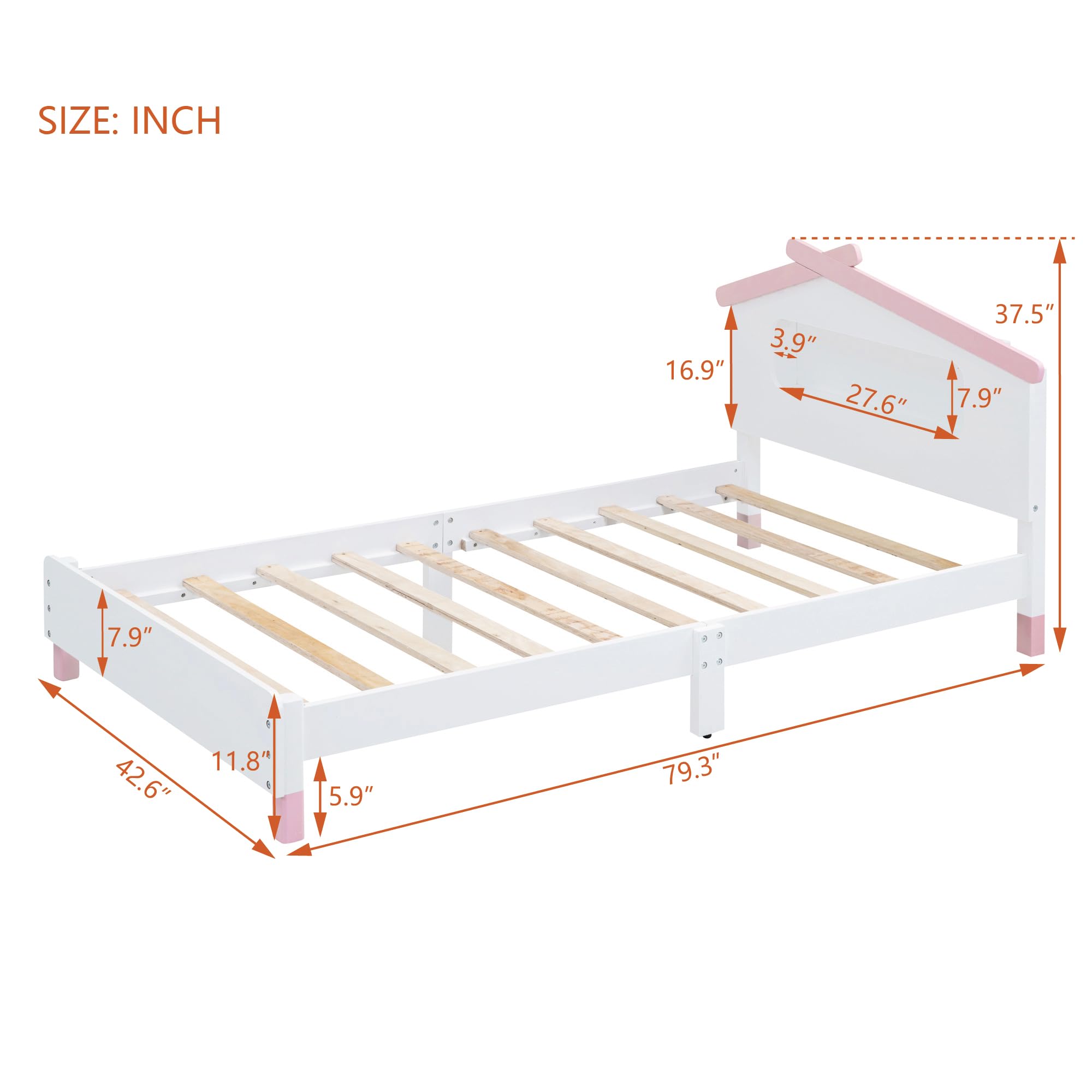 Twin Platform Bed with LED Lights, Wooden Twin Kids Bed with House-Shaped Headboard, Twin Size House Bed Frame for Kids Teens Girls Boys,No Box Spring Needed (White+Pink)