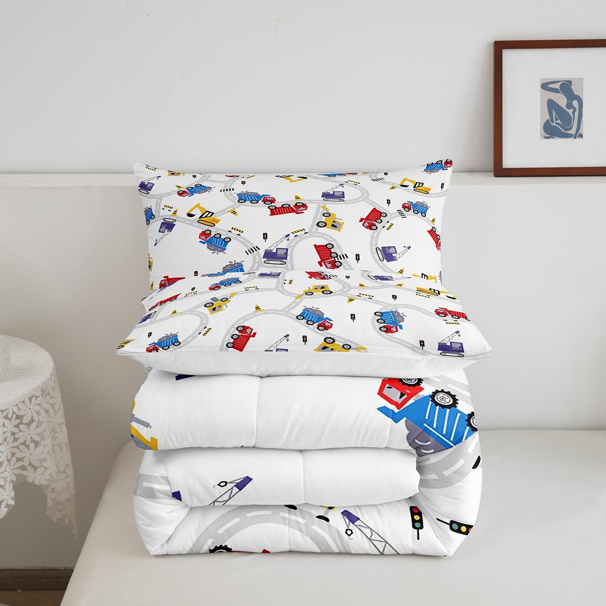 Feelyou Construction Bedding Set Kids Cartoon Truck Comforter for Boys Girls 3 Pcs Tractor Car Bedding with 2 Pillowcases Queen