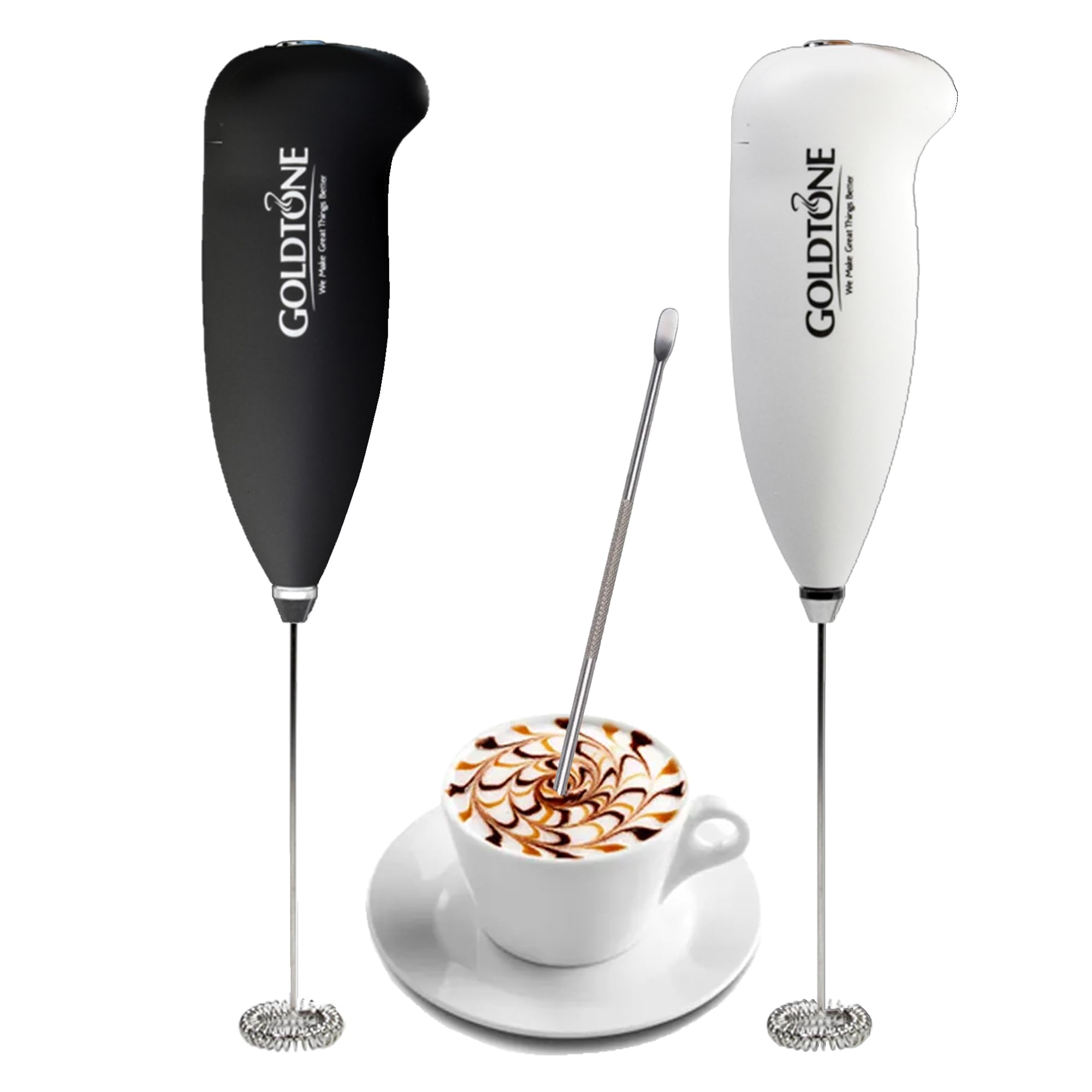 GoldTone Powerful Milk Frother Handheld Foam Maker for Lattes w/Stencil Tool - Whisk Drink Mixer for Coffee, Mini Foamer for Cappuccino, Frappe, Matcha, Hot Chocolate (Black)