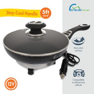 Travel Time 12V Cooking Pan with Cover – Universal for Most Vehicles, Non-Stick Surface, Stay-Cool Handle, On-the-Go Cooking, Small Cooking Appliance