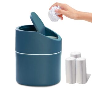 awolic mini desktop trash can with swing lid,small garbage can for countertop,dressing table,bedside etc,free 90 bags(blue)