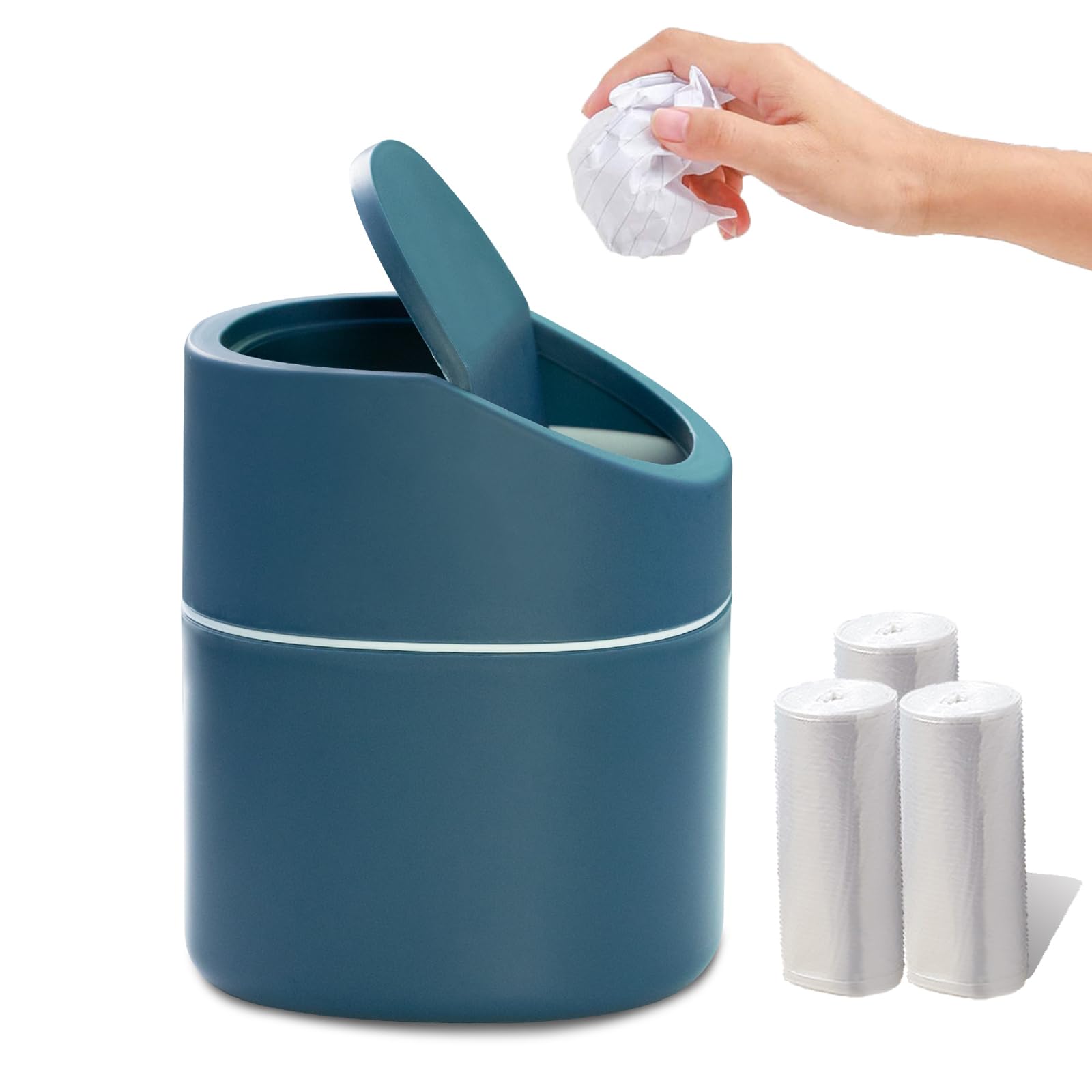 AWOLIC Mini Desktop Trash Can with Swing Lid,Small Garbage Can for Countertop,Dressing Table,Bedside Etc,Free 90 Bags(Blue)