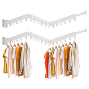 layhit 2 pcs wall mounted laundry room rack clothes drying rack over the door pants hanger retractable collapsible rental house clothing dryer rack, white windproof ring hooks, 3 fold