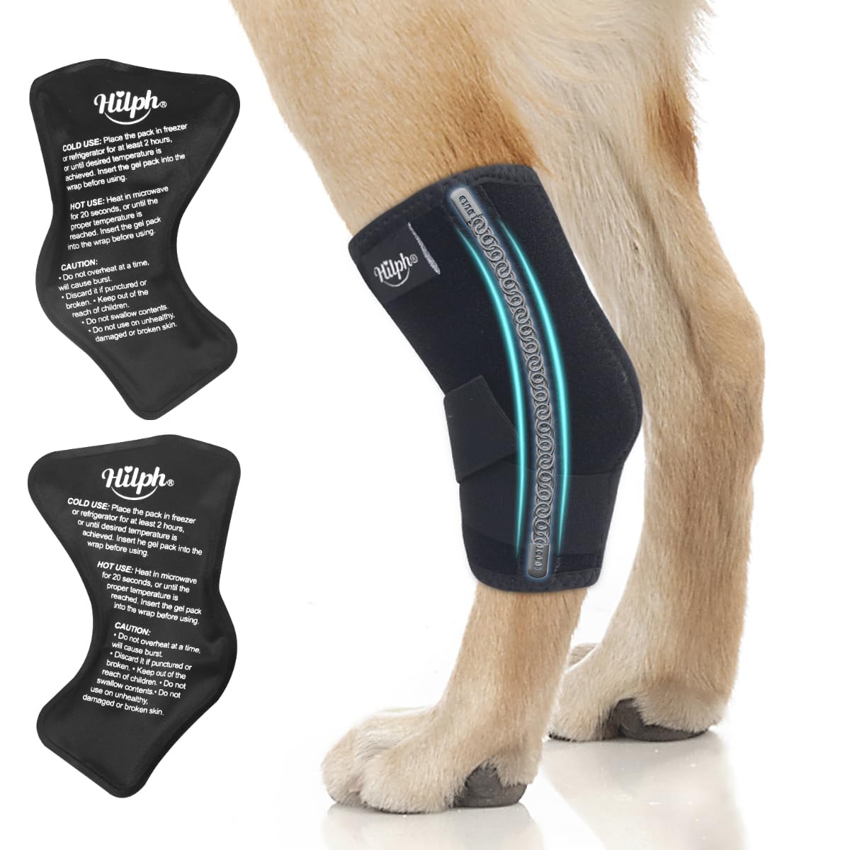 Hilph Rear Leg Hock Brace with Metal Spring Strips and 2 Ice Packs, Dog Leg Brace Hot Cold Compression for Rear Leg, Hock Ankle Support, Injuires, Joint Pain, Sprain and Post Surgery Recovery (M)