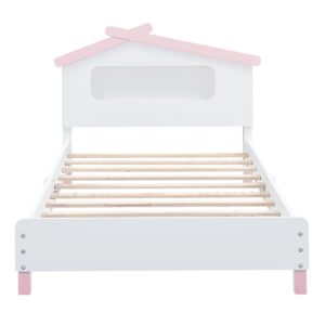 Harper & Bright Designs Twin Bed Frames with House-Shaped Headboard, Wooden Kids Twin Platform Bed Frame with Motion Activated Night Lights, Cute Single Twin Bed for Girls Boys, White+Pink