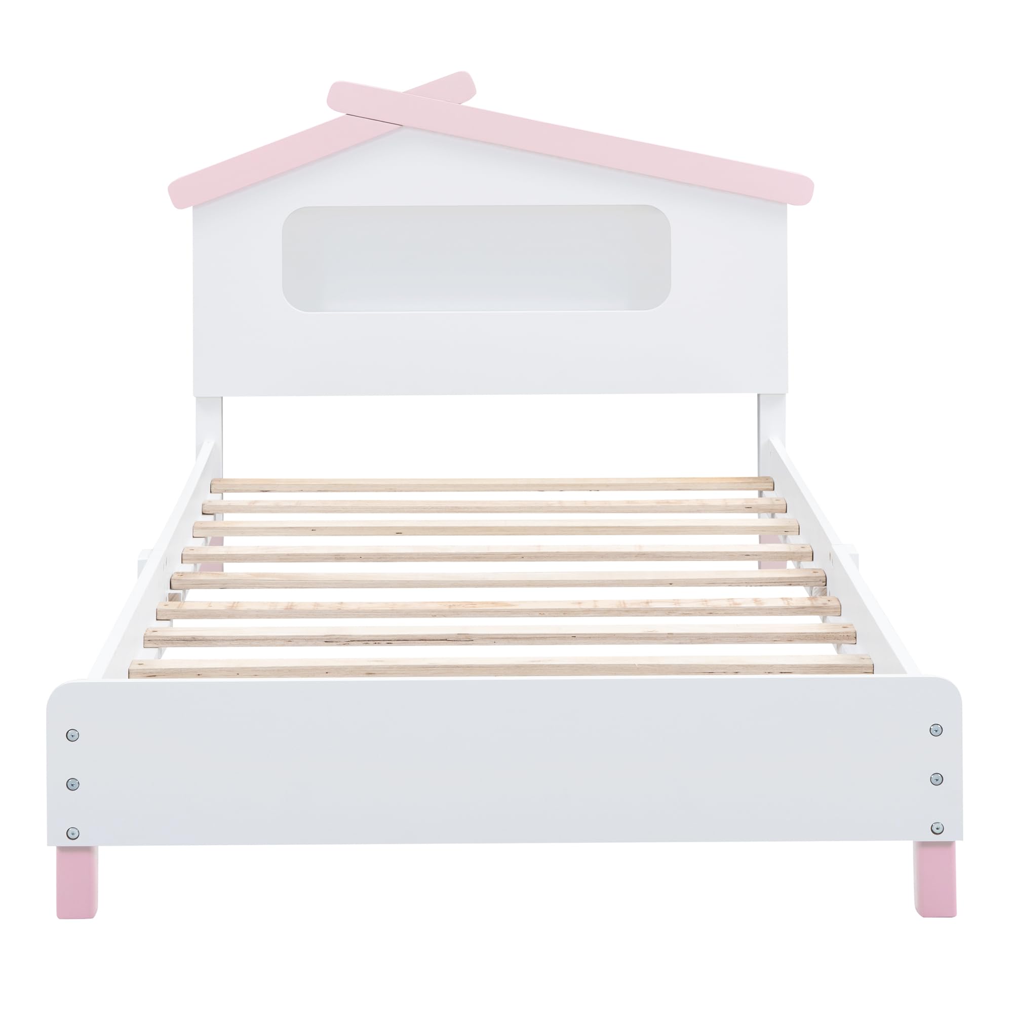 Harper & Bright Designs Twin Bed Frames with House-Shaped Headboard, Wooden Kids Twin Platform Bed Frame with Motion Activated Night Lights, Cute Single Twin Bed for Girls Boys, White+Pink