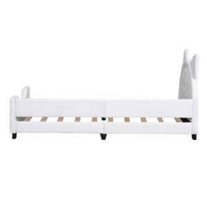 Linique Twin Size Teddy Fleece Upholstered Daybed with Rabbit Carton Ears Shaped Headboard,Twin Wooden Daybed Frame for Girls