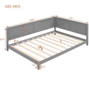 Full Size Daybed, Wood Full Low Bed Frame with Headboard and Sideboard, Wooden Floor Sofa Bed with Slats Support for Kids Room, Bedroom, Living Room, Gray