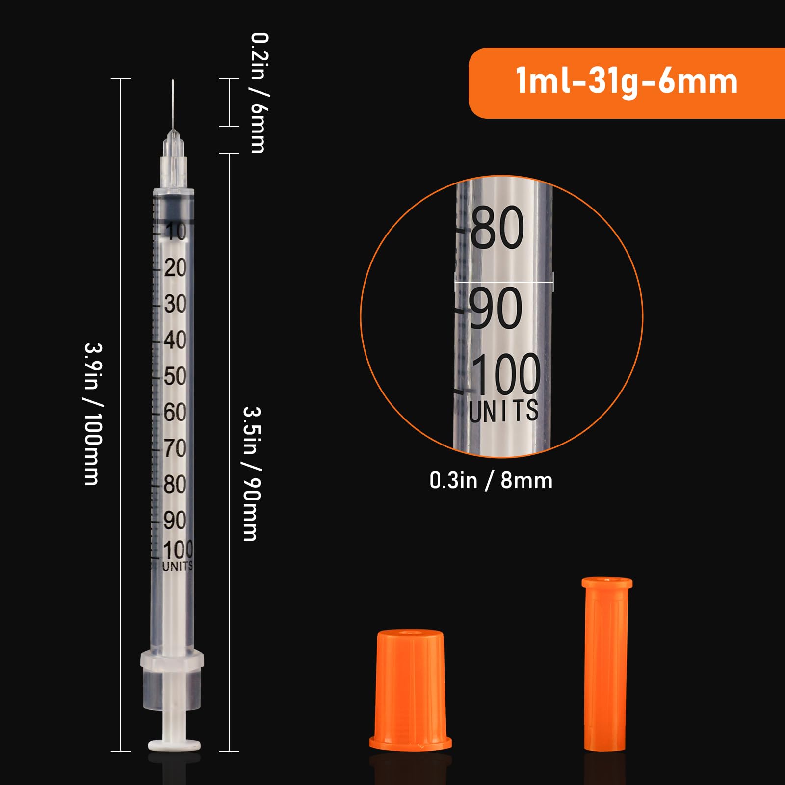 U-100 1ml 31ga Disposable Syringe and 31G x 6 mm (1/4") Needle, Lab Dispensing Supplies, 100Pack