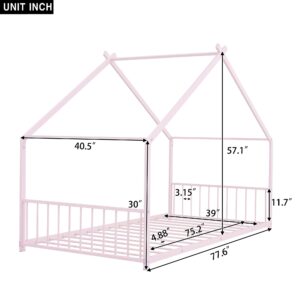 Lakifun Twin Size Floor House Bed for Kids,Metal Floor Bed Frame Montessori Bed with Roof and Guardrails,Twin Low House Bed Playhouse Bed for Children Girls and Boys, Pink(Enclude Bed Slats)