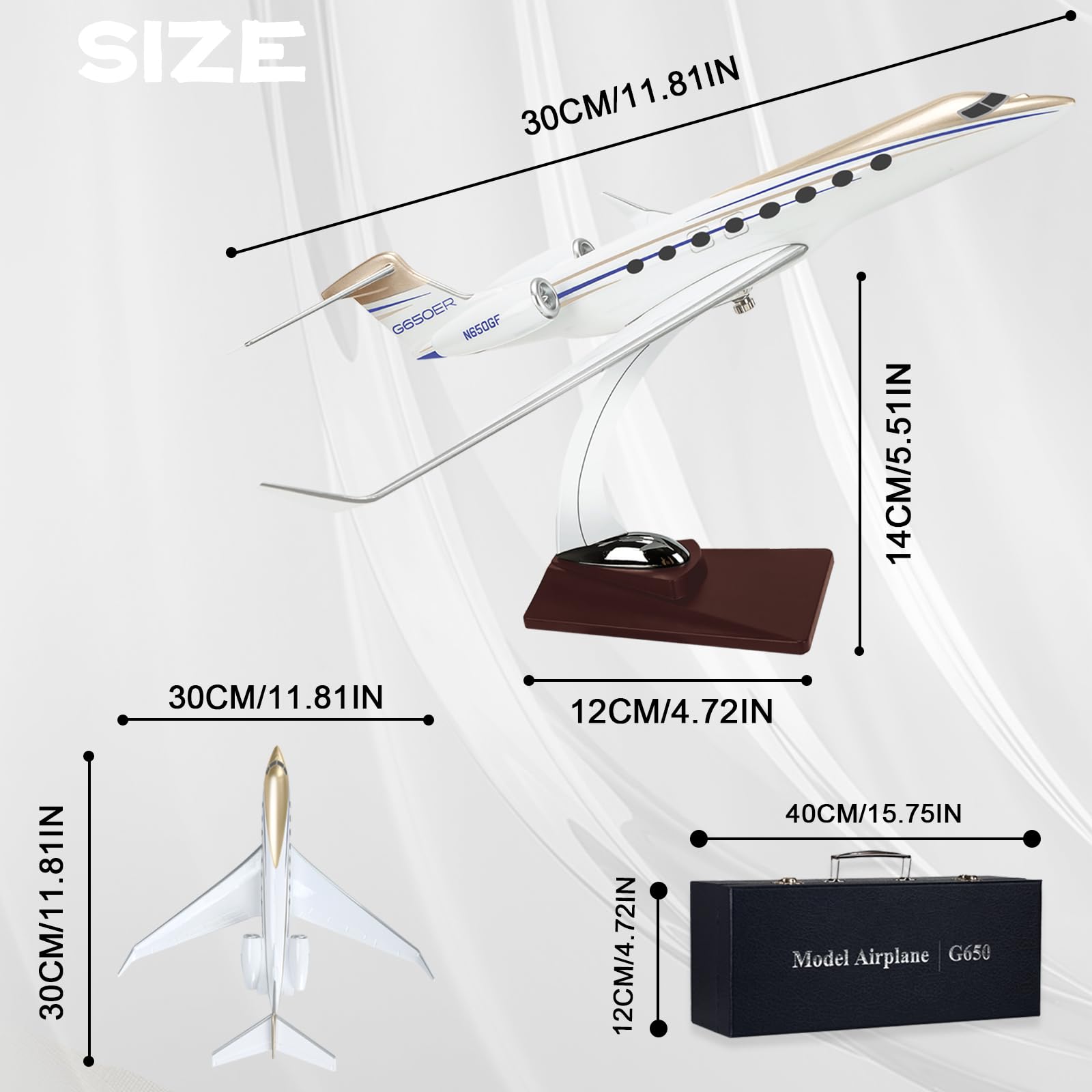 VKETU 11.81" Gulfstream Jet Model 650, Private Jet Model Plane 1:100-Scale Alloy Resin Airplane Models with Stand and Box for Decoration Collection or Home Office Ornaments