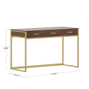 Martha Stewart Ollie Home Office Desk with 3 Drawers in Walnut Wood Grain with Polished Brass Hardware