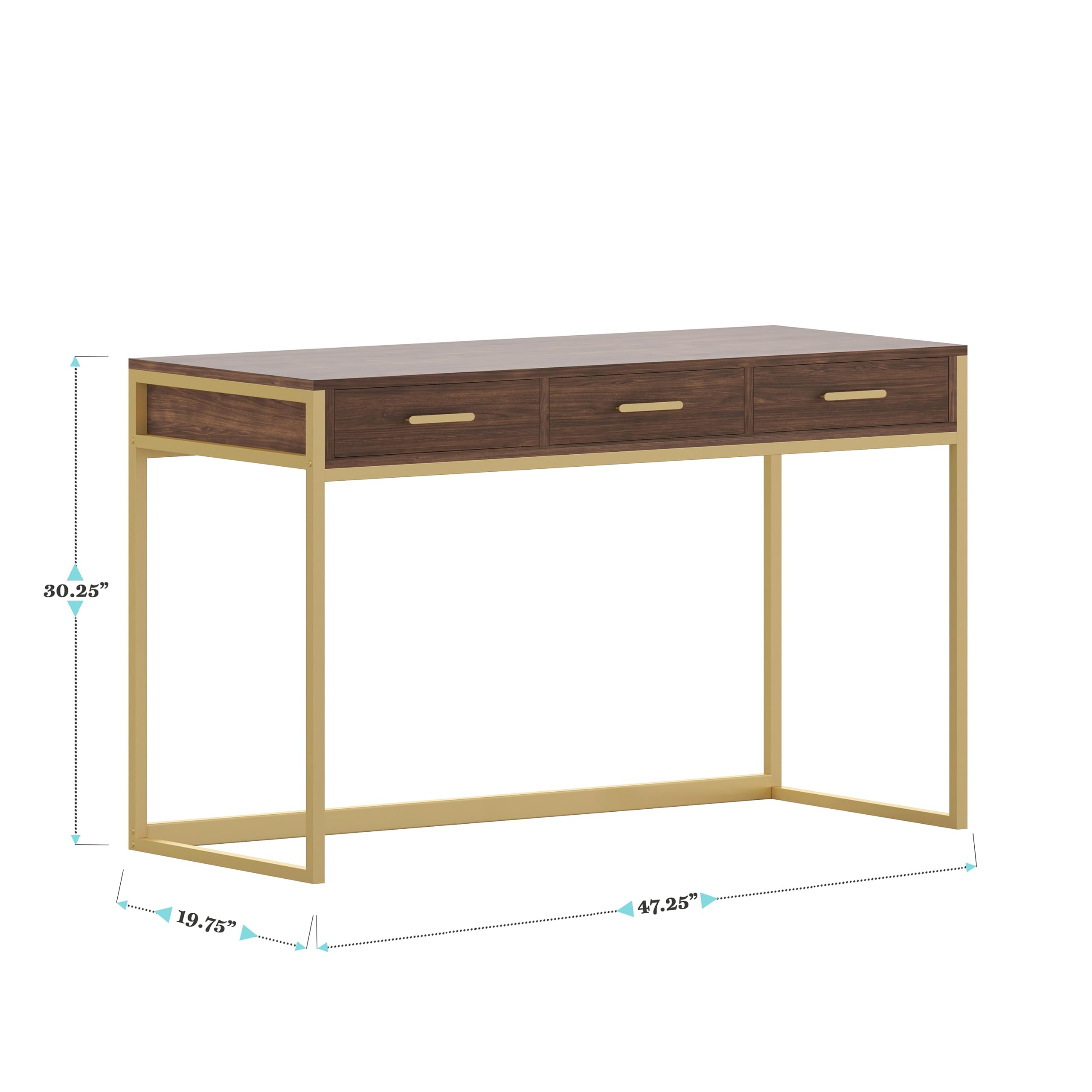 Martha Stewart Ollie Home Office Desk with 3 Drawers in Walnut Wood Grain with Polished Brass Hardware