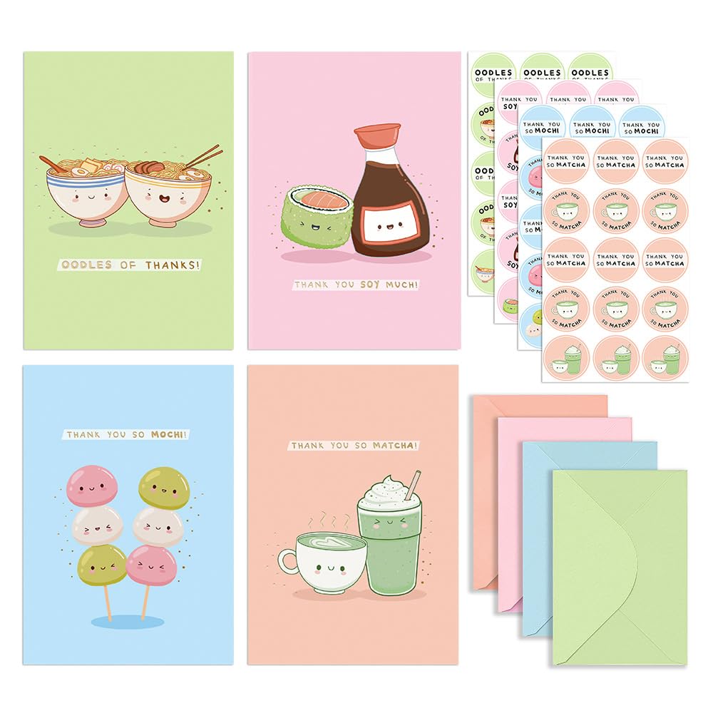 CENTRAL 23 Kids Thank You Cards - 4 Cute Designs - Set Of 48 Multipack - Colorful Kawaii Japanese Food Puns - Small Thank You Notes With Envelopes For Children - Blank Inside With Cute Stickers