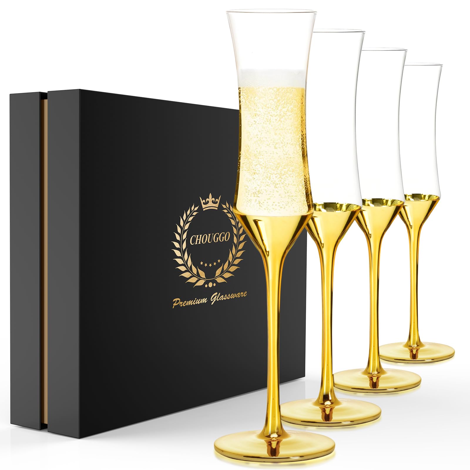 Chouggo Golden Colored Champagne Flutes Set of 4 with Premium Gift Box - Unique Golden Stem and Bottom Design - Act Deco Long Stem Hand Blown Crystal Champagne Glass - 5.5Oz