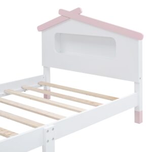 Harper & Bright Designs Twin Bed Frames with House-Shaped Headboard, Wooden Kids Twin Platform Bed Frame with Motion Activated Night Lights, Cute Single Twin Bed for Girls Boys, White+Pink