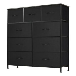 dumos dresser for bedroom, storage drawers, fabric storage tower with 9 drawers, chest of drawers with fabric bins, sturdy metal frame, wood tabletop for kids room, closet, entryway, nursery