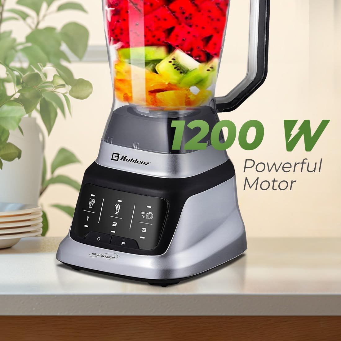 Koblenz Professional Blender, Countertop Blender for Shakes and Smoothies with 3 Speeds, 1200-W Motor, 68 Oz. Capacity, Super Silent Operation, Includes Tamper Accessory, Black/Chrome, LKM-9406