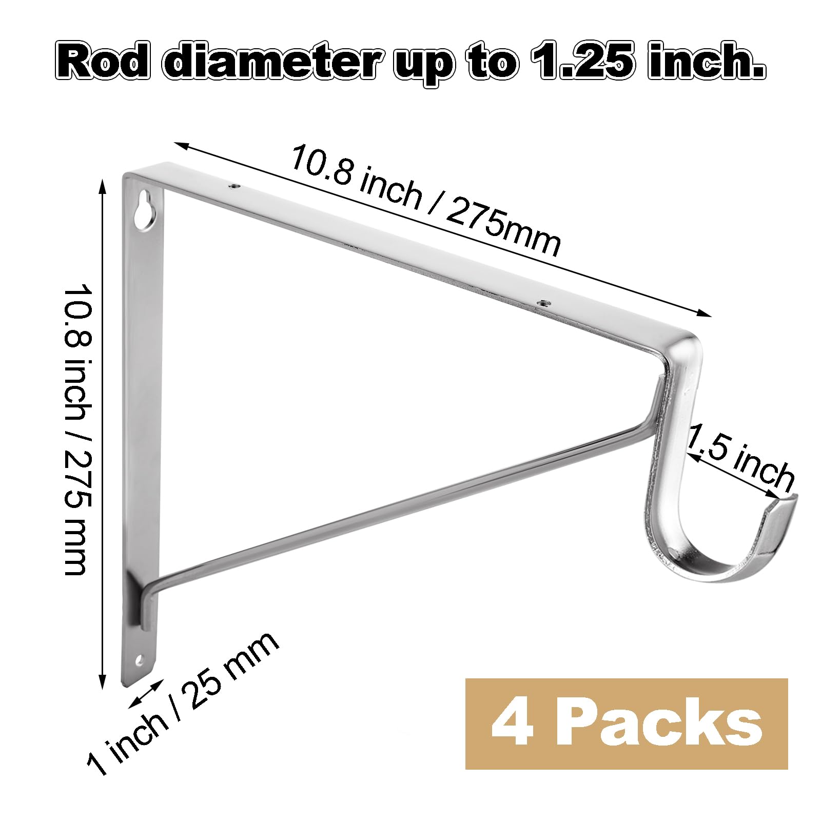 4 Pack Heavy Duty Closet Rod Brackets Holder 11 x 11 x 1 Inch, Electroplated Silver Closet Rod Support Bracket Steel Closet Rod Holders, Wall Mounted Shelf and Rod Support Bracket