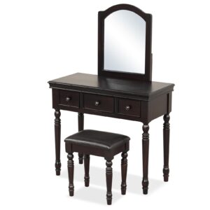 CHARMAID Makeup Vanity Desk with Mirror and Stool, 34'' Wide Vanity Table Set with Large Mirror, 3 Drawers, Cushioned Stool, Solid Wood Legs, Bedroom Dressing Table, Gift Idea (Espresso)