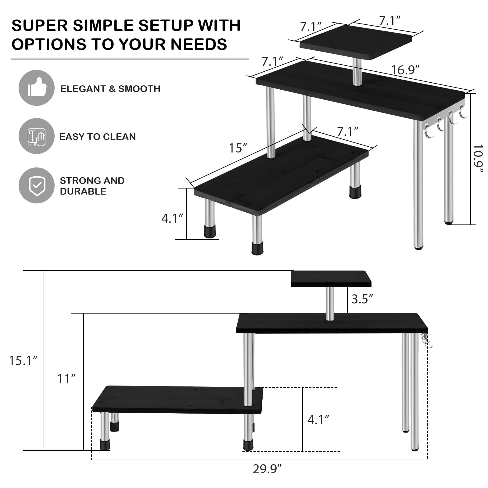 3 Tier Kitchen Countertop Organizer Corner Shelf Rotating Spice Rack with Hooks Space Saving Cosmetic Stand Display Rack Shelf Cabinet Corner Rack Plant Shelf for Bathroom Office(Black Bamboo)